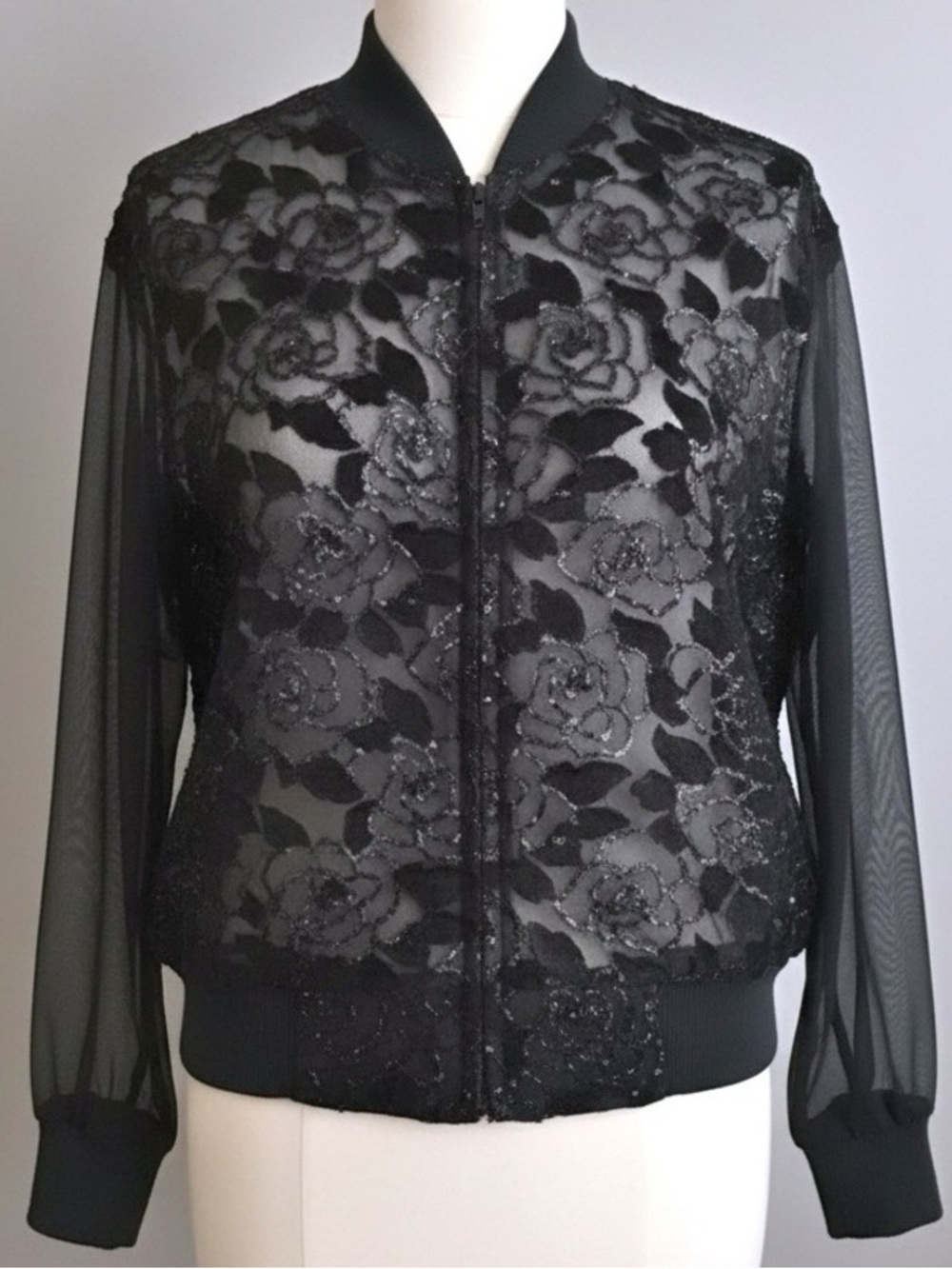 Francesca Y2K Dark Romantic Rose Lace Sheer Sleeve Bomber Jacket Size Large